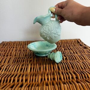 Vintage Avon Blue Green Swirl Mini Glass Pitcher With Stopper and Basin